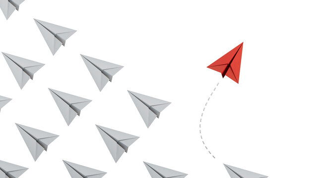Different business concept.Red paper plane changing direction from white paper plane. new ideas. paper art style. creative idea.Supports PNG files with transparent backgrounds.