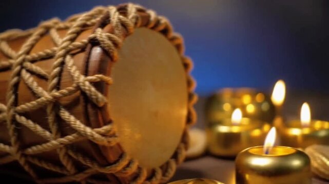 Close-up detail of traditional wooden drum with intricate rope around drumhead highlighting craftsmanship texture under soft lighting and blurred background