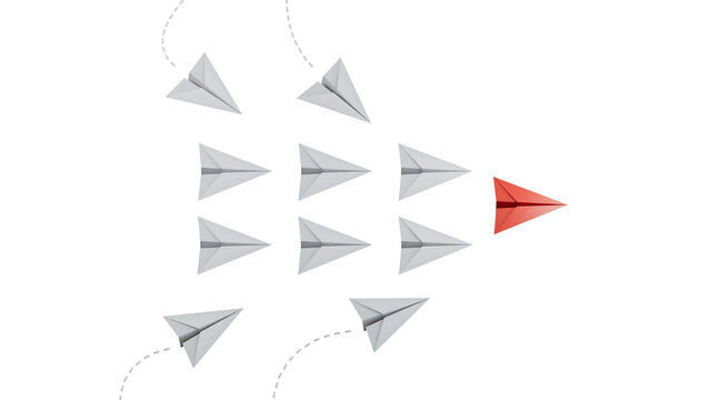 red paper plane leads white paper planes with new ones joining the team. Join us, job vacancy or community memberplane announcement concept.Supports PNG files with transparent backgrounds.