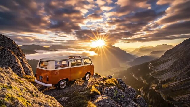 Retro camper van on mountain peak at dramatic sunset.