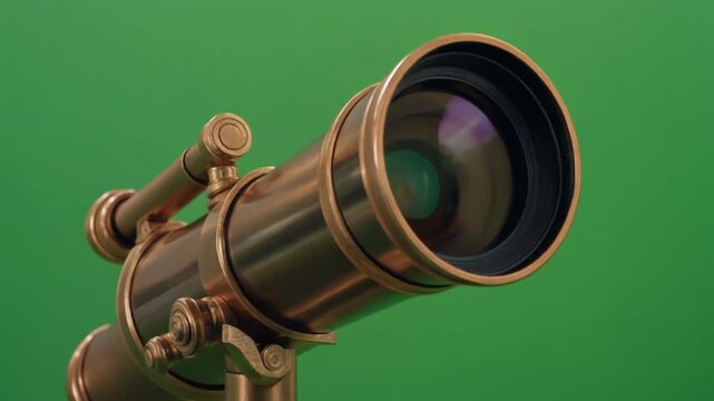Detailed close-up of antique brass telescope highlighting intricate mechanical design polished metal texture and optical lens against clean green background