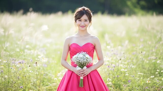 緑の草原に佇む美しい花嫁のウェディングポートレート