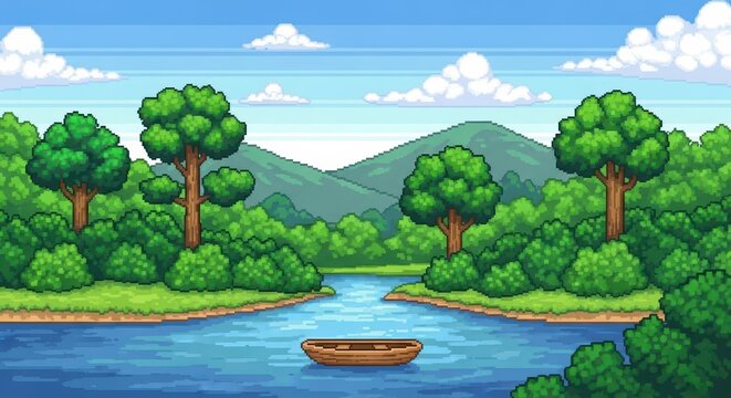 Pixel Art Landscape - Serene River Scene with Boat and Lush Greenery.