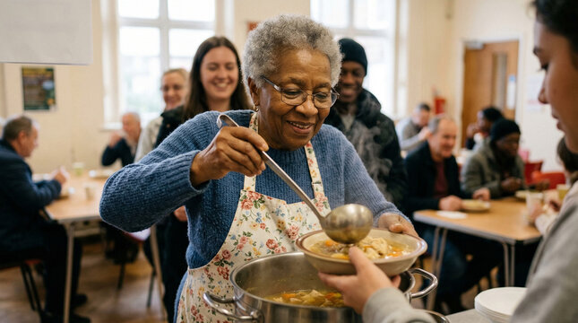 Elderly woman serving soup to volunteers in community kitchen  