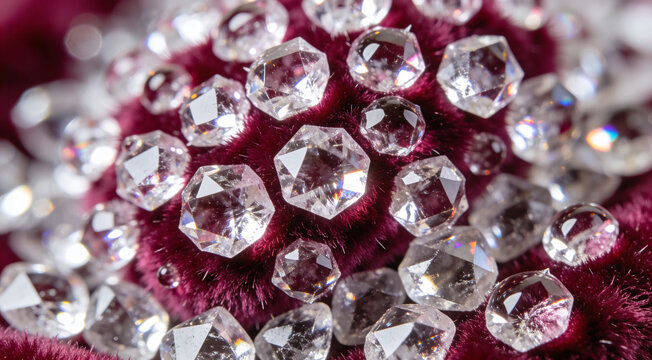 Macro Close Up Of Sparkling Loose Diamonds And Gemstones Scattered Over Deep Burgundy Velvet Fabric With Shallow Depth Of Field