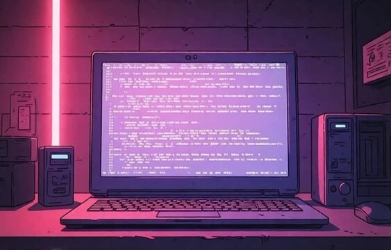 Animated computer laptop with binary code moving seamless loop for cinematic lo-fi video