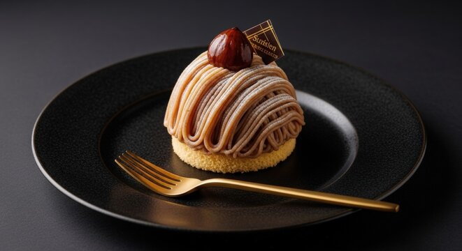 Luxurious Mont Blanc Chestnut Cake with Rich Texture, High-End Dessert Studio Shot with Copy Space