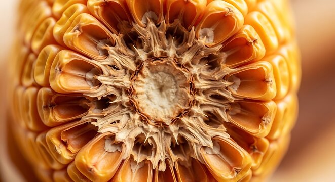 Extreme close-up macro shot of a dried corn cob showing intricate details of kernels and core