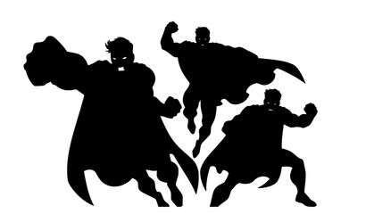 Comic superhero trio with red capes and emblems in dynamic action poses for power and strength design © HoriProshad