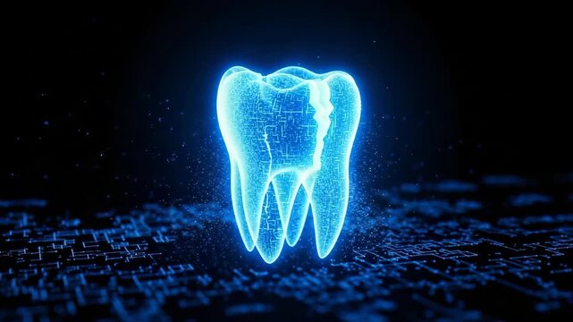 Glowing Digital Tooth In Futuristic Setting Highlighting Fracture Dental Concept On Circuit Board Background With Particles For Medical Tech-related Visuals