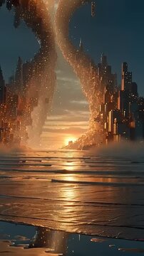 Person stands on beach watching cityscape destruction with massive explosion at sunset