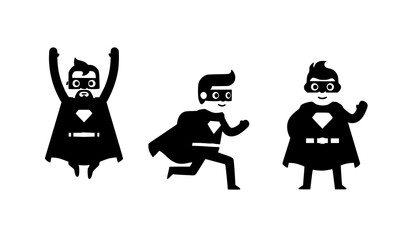 Flat superhero icon trio with red capes in jumping running and hero poses for modern design © HoriProshad