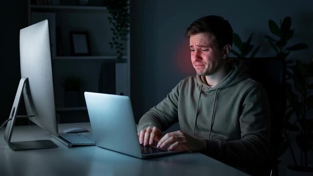 Man Suffering from Digital Eyestrain While Working Late on Computer at Night