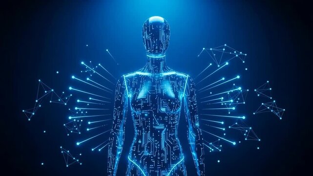 Futuristic Digital Female Figure Displaying Connection Pathways Circuit Patterns Standing In Front Of Blue Background Visual For Advanced Technology Artificial Intelligence Network C