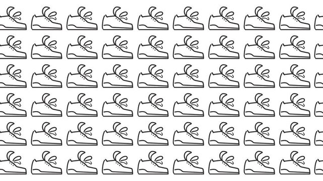 Rows of boots or shoes are moving on the screen.