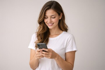 Fototapeta premium Smiling Young Woman Using Smartphone Isolated on Clean White Background