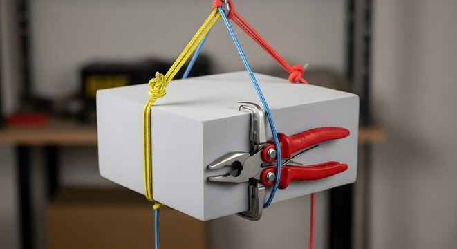 Red-handled plier clamped onto a white block, meticulously suspended by colorful ropes, illustrating tension and mechanical equilibrium