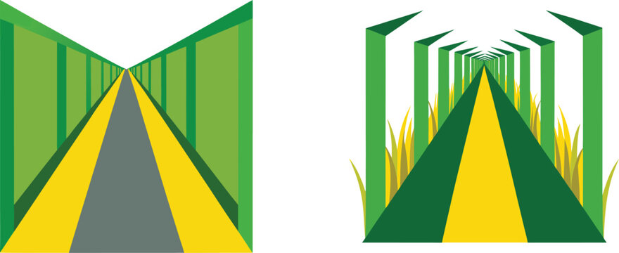 3d geometric road or path split with green and yellow gradient abstract background