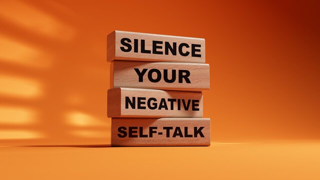 Silence your negative self-talk symbol. Concept words Silence your negative self-talk on wood cubes.Psychology concept.3D rendering