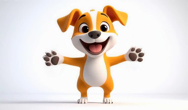A cheerful cartoon dog dancing in a video animation with a big smile