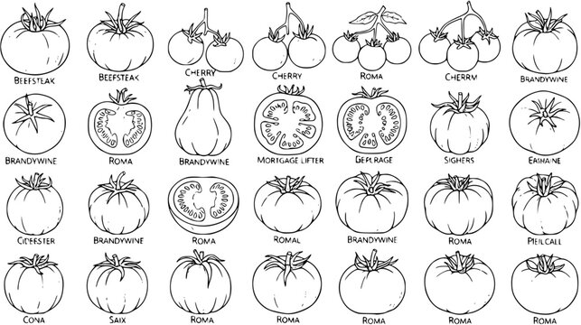 Detailed black and white line art illustration showcasing various tomato varieties like Beefsteak, Roma, Cherry, and Brandywine, perfect for botanical and gardening themes.