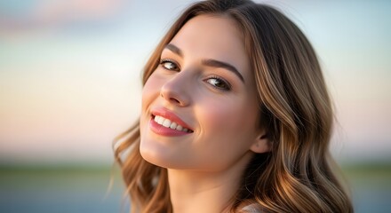 Obraz premium Charming young woman with a heartfelt smile, basking in the serene beauty of the outdoors at sunset