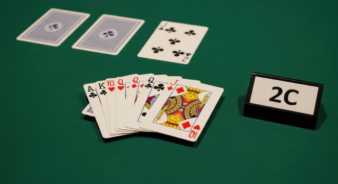 Poker hand with a full house on a green table.