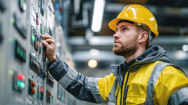 engineers testing control panels for automated industrial machine  on blurred background