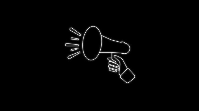 Continuous single one line art drawing of megaphone speaker for news and promotion .animated continuous single line drawing of hand holding megaphone, line art animation