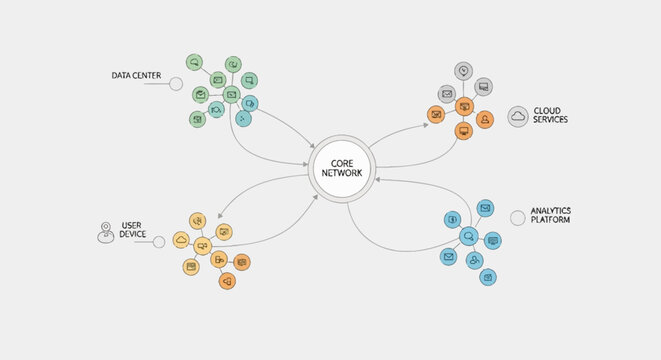 A conceptual diagram illustrating the core network architecture connecting data centers, cloud servers, user devices, and an analytics platform.