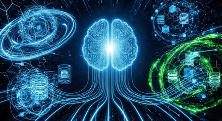 Fototapeta premium A glowing blue brain at the center, connected to abstract data networks and swirling energy fields in blue and green, symbolizing artificial intelligence and complex systems.