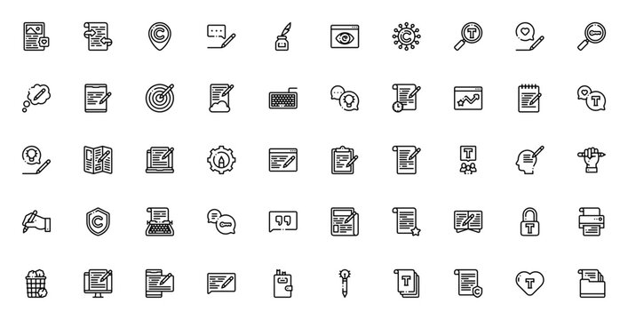 Copywriting icon set. Vector line icons pack for content, editing, keywords, ideas, writing and more. Includes symbols for revision, deadline, teamwork, creative and marketing.
