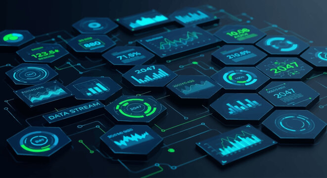 Futuristic digital interface displaying various data visualizations, charts, and graphs on hexagonal panels.