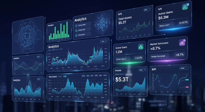Futuristic digital interface with hexagonal data visualization elements displaying various charts, graphs, and numbers on a dark background.