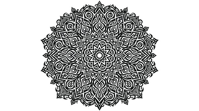 Intricate black mandala ornamental circular symmetric geometric pattern design.