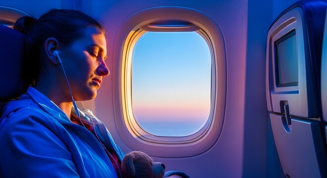 Young businesswoman looking out airplane window during sunrise flight