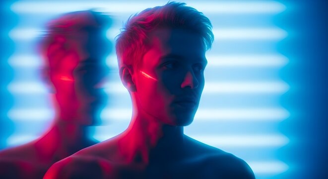 Silhouette of man in vibrant red and blue neon lighting mood portrait