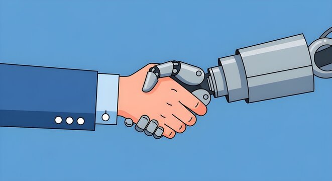 Futuristic robotic handshake between human and machine in business collaboration