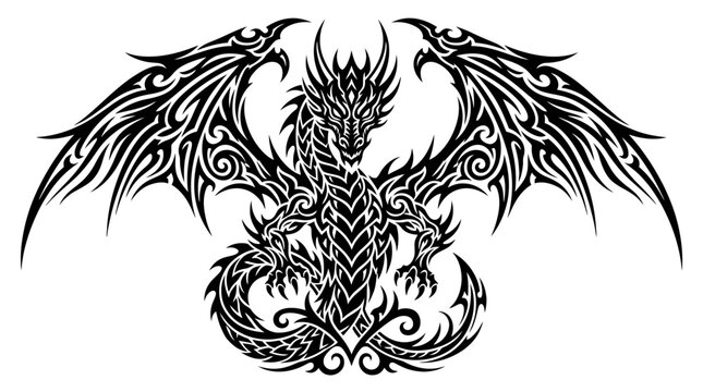 Ornate black tribal dragon tattoo illustration with stylized wings and scales.