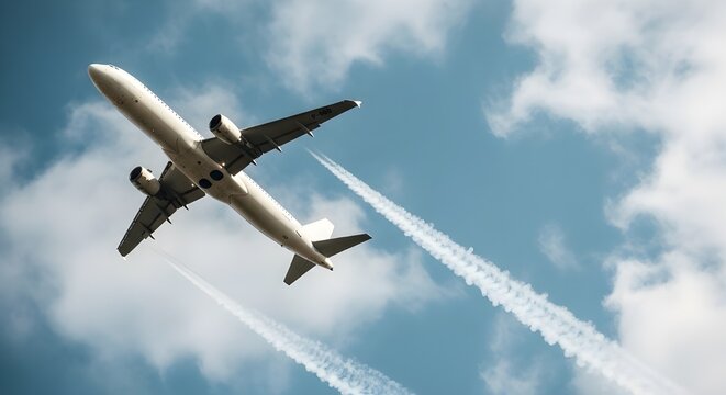 commercial airplane flying with contrails against blue sky in daylight