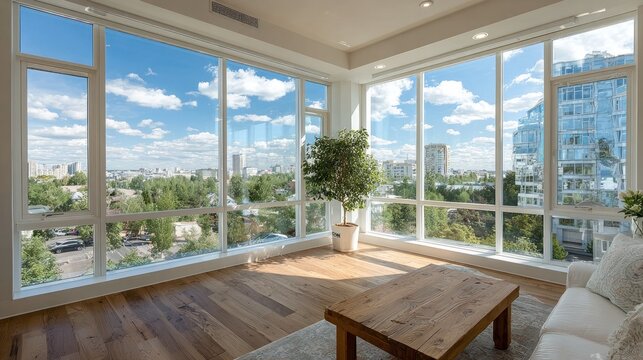 Bright, modern living room with large windows, city view, and wood floor