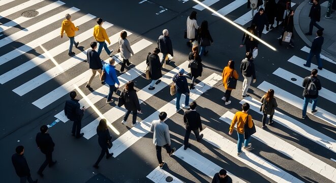 aerial view of diverse pedestrians crossing busy urban crosswalk in daylight