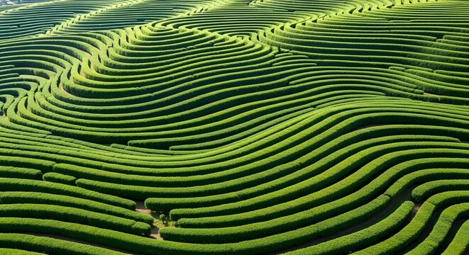 Aerial view of lush green agricultural farmland with curved crop rows in summer