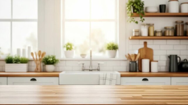 Wooden Kitchen Counter In Bright Sunlit Room With Blurry Background Of Sink Window Shelves Various Kitchen Items For Product Placement Food Photography