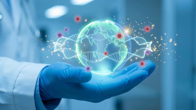 Global health research and vaccine development in laboratory with scientist holding glowing globe and DNA strands alongside virus particles symbolizing worldwide medicine progress and innovation