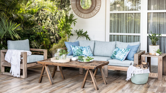 植物と調和したリビング空間と木製家具の温もりを感じるインテリア、自然光に包まれた穏やかな暮らしを表現したビジュアル、ナチュラルで落ち着いた雰囲気の背景素材、動画や広告にも使える室内デザイン