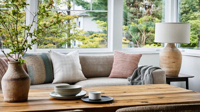 植物と調和したリビング空間と木製家具の温もりを感じるインテリア、自然光に包まれた穏やかな暮らしを表現したビジュアル、ナチュラルで落ち着いた雰囲気の背景素材、動画や広告にも使える室内デザイン