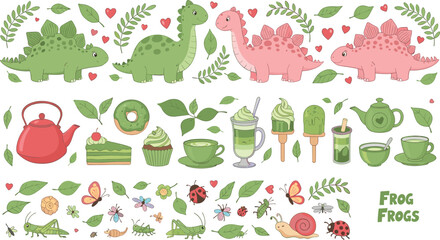 Cute Dinosaur Frog Insect and Matcha Tea Dessert Vector Set with Cartoon Stegosaurus Bugs Snails Cupcakes Drinks and Leaves for Kids Nature Illustration Collection © Rownok
