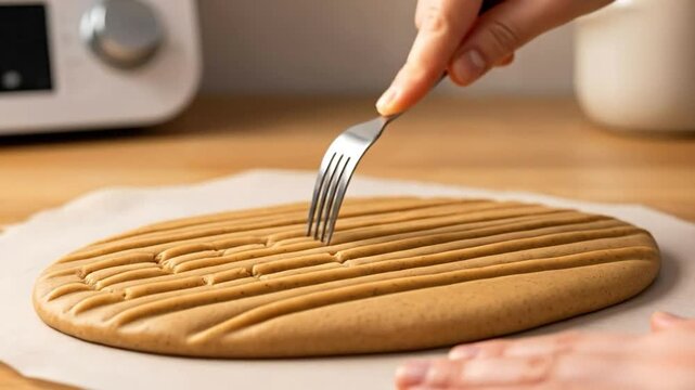 Closeup of a female hand using a fork to create a pattern on peanut butter cookie dough in a kitchen