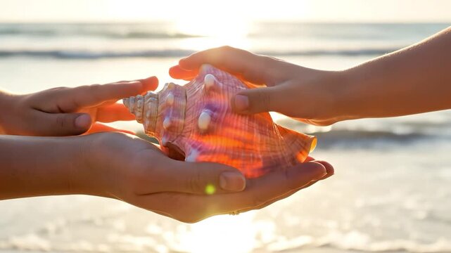 Adult and child hands holding a large conch shell at sunset for sensory nature exploration